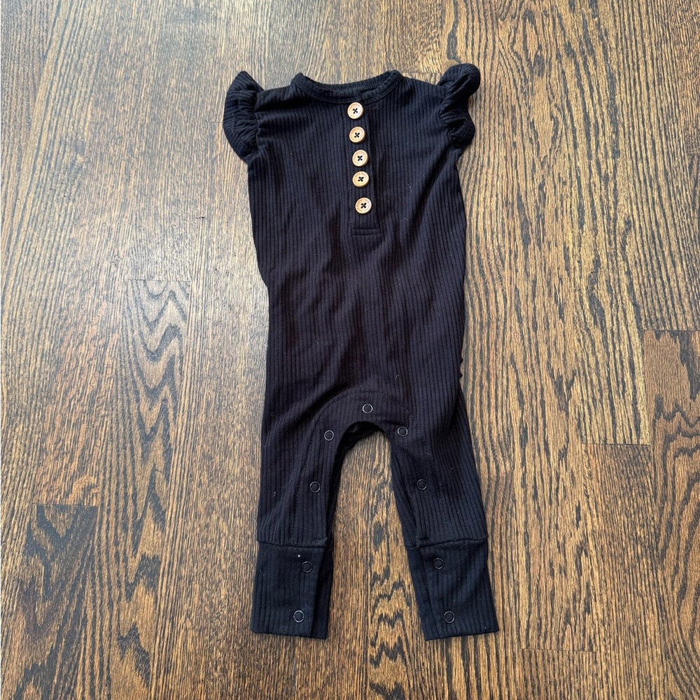 Posh Peanut Black Ribbed Ruffled Cap Sleeve Henley Romper